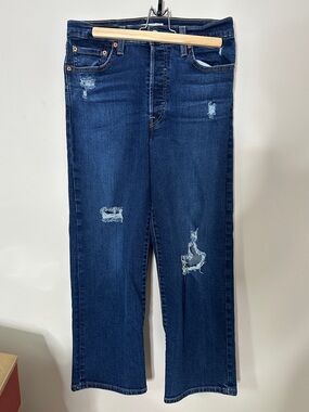 Women’s Levi’s Ribcage Straight Ankle Distressed Dark Blue Stretch Jeans